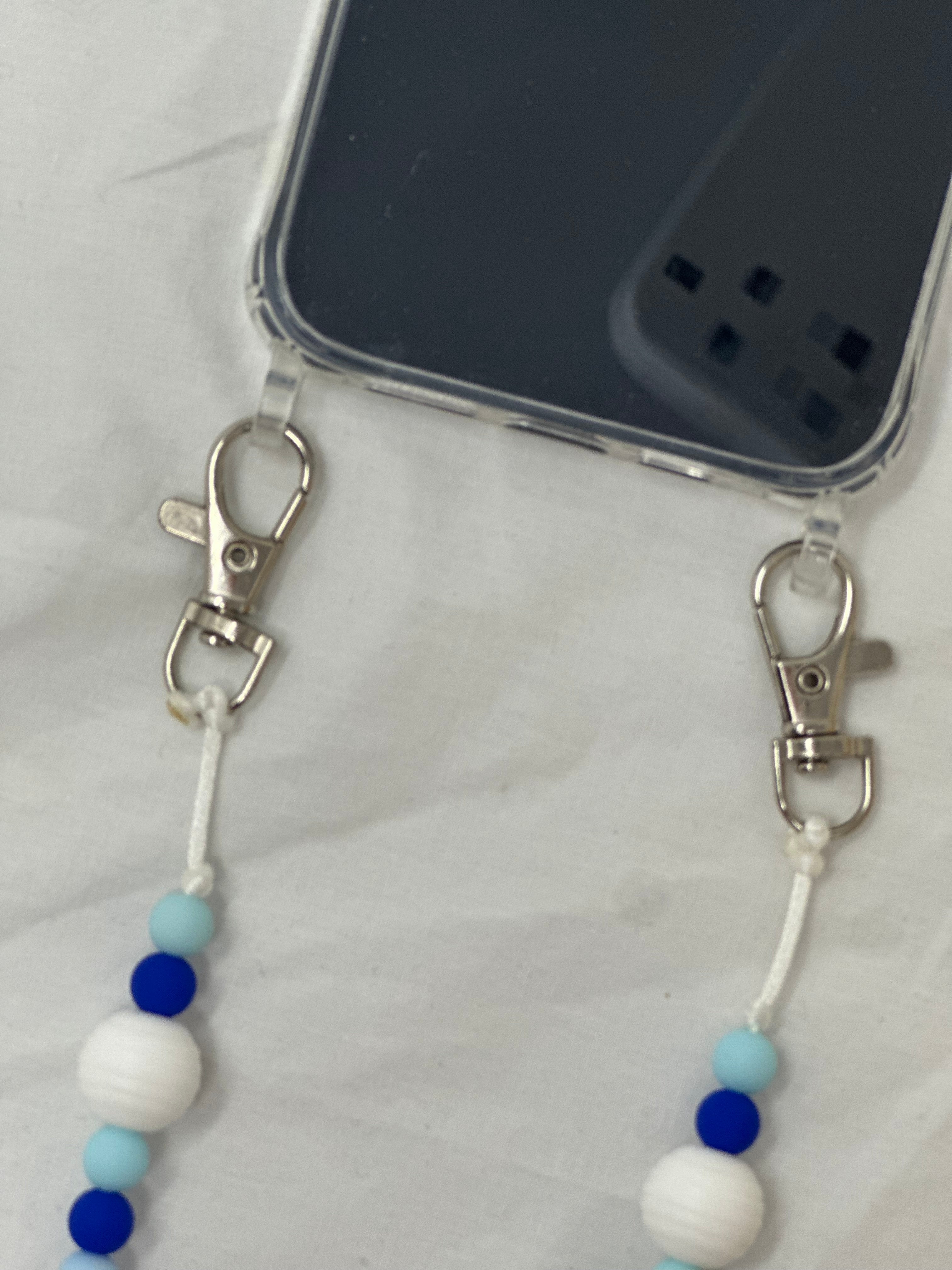 Bijou chaîne téléphone bleu ciel 36cm perles azur sérénité Atelier Aorée
