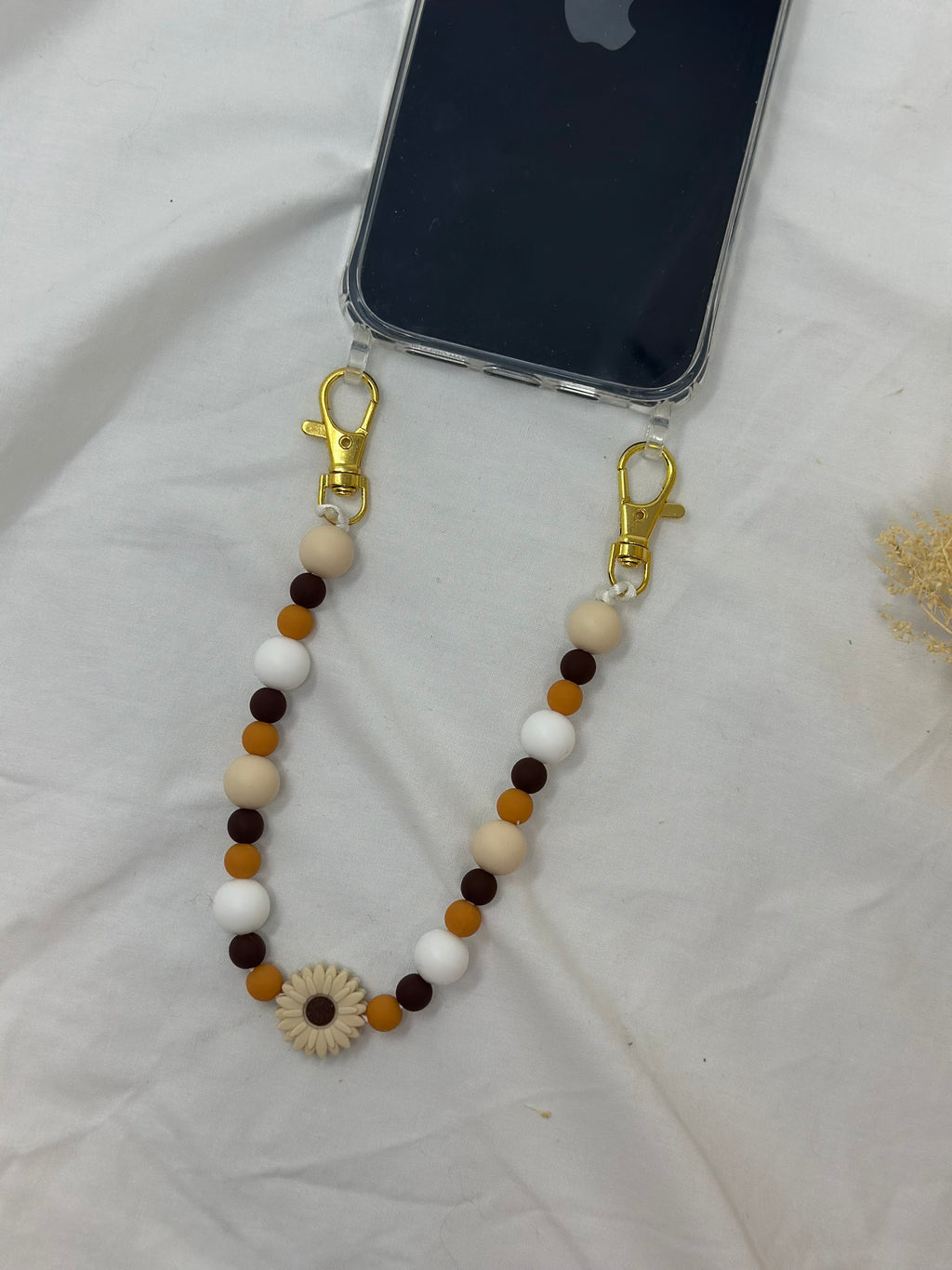 Bijou chaîne téléphone café expresso 30cm perles marron chocolat Atelier Aorée
