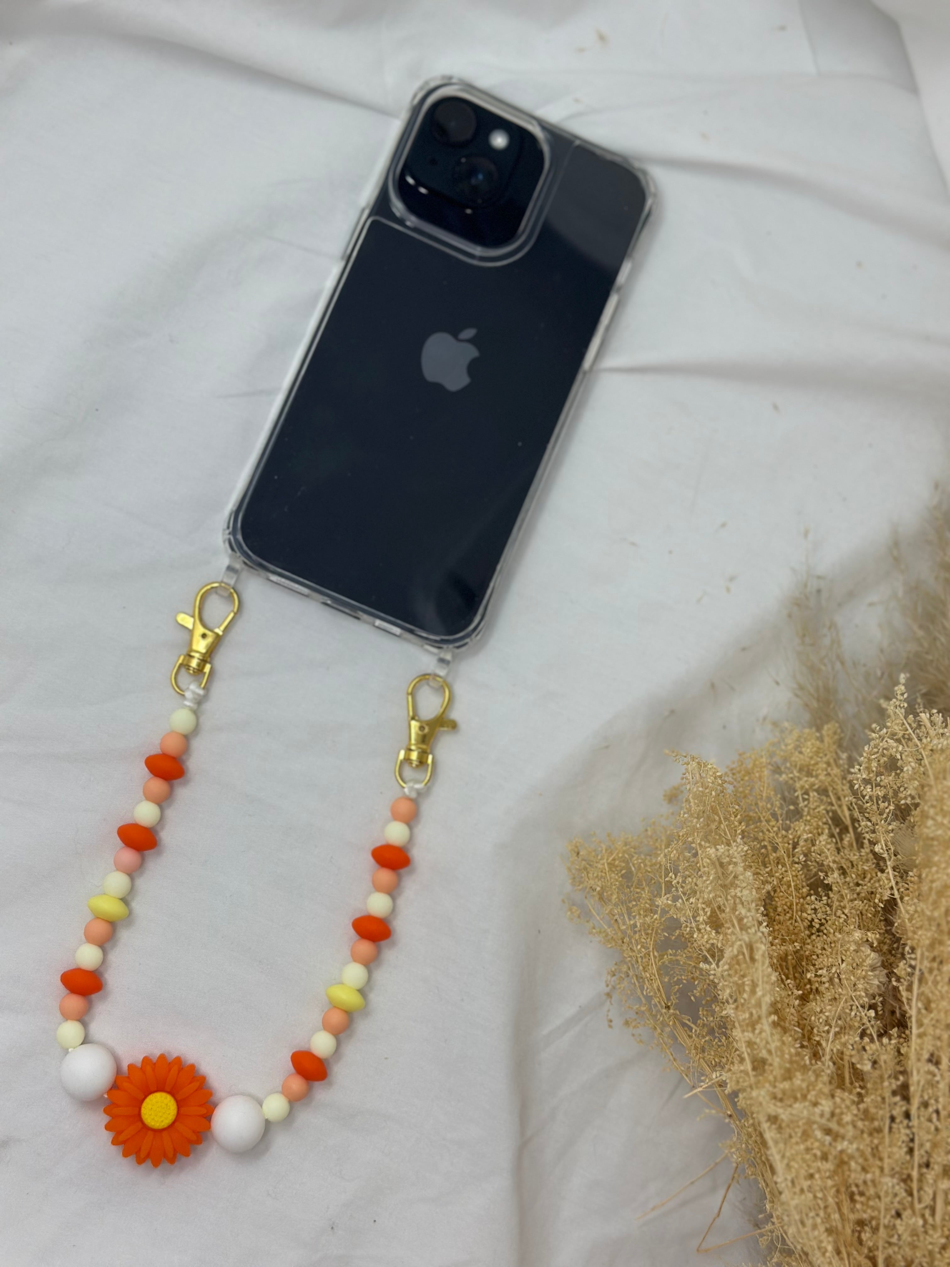 Bijou chaîne téléphone doré 36cm rayon soleil perles dorées Atelier Aorée
