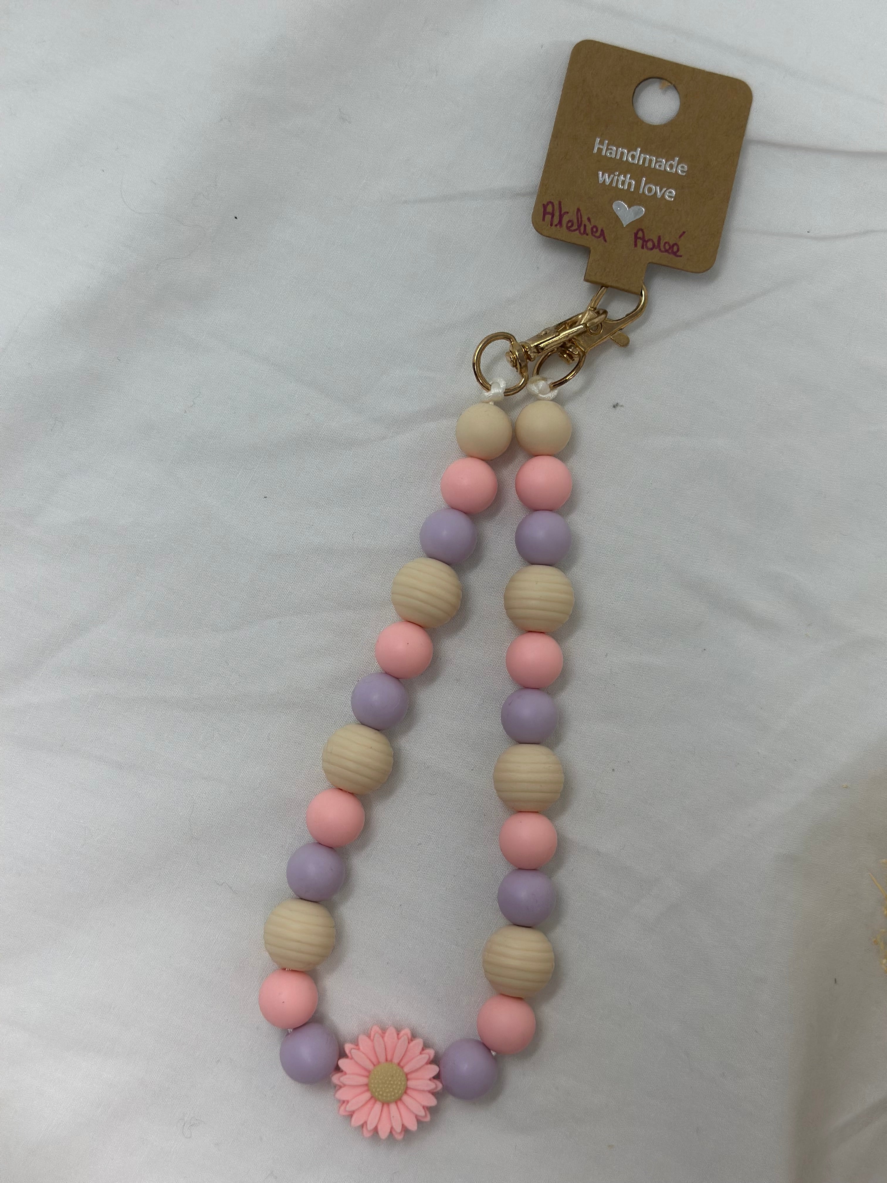 Bijou chaîne téléphone rose et mauve 36cm fait main Atelier Aorée