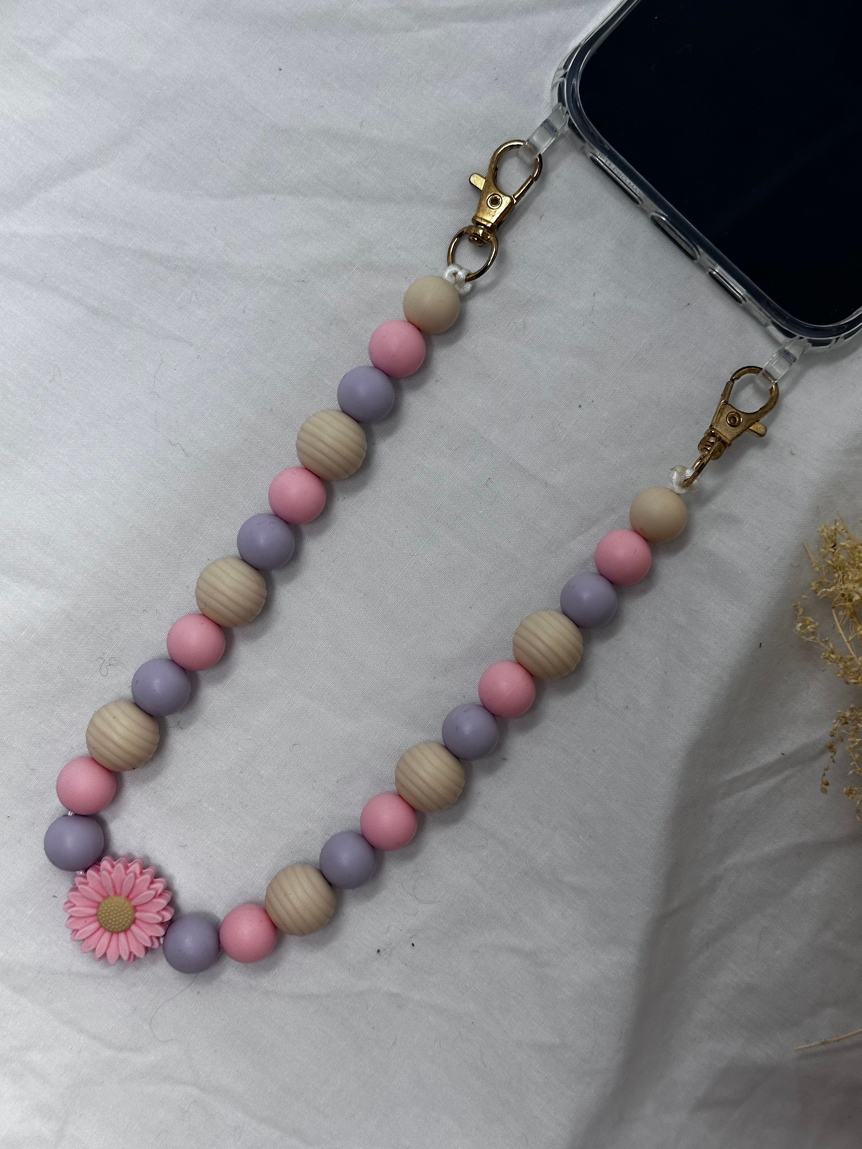 Bijou chaîne téléphone rose et mauve 36cm fait main Atelier Aorée